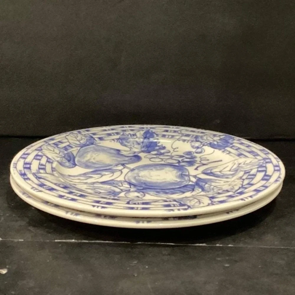 Pier 1 Imports Fruit Themed Dinner Plates, Set of 2, Vtg Hand Painted Dinnerware